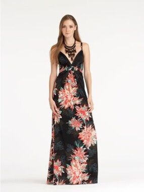 Elie Tahari Black Silk Blend Maxi Dress with Coral and Teal Floral Print